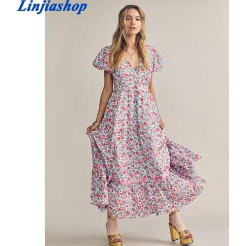 Floral Print Long Dress Pink Summer Holiday Dresses for Women Lantern Sleeve Button Front Chic Ladies Female Dress