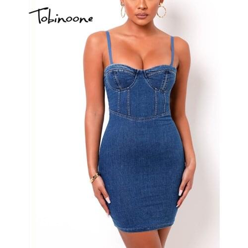 Tobinoone Denim Solid Patchwork Summer For Dresses Women Spaghetti Strap Backless Sexy Club Party Dress Bodycon Vestidos 2021