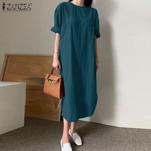ZANZEA Elegant Solid Midi Dress Women Summer Sundress Hollow Short Sleeve Vestidos Female Casual Cotton Robe Femme Oversized