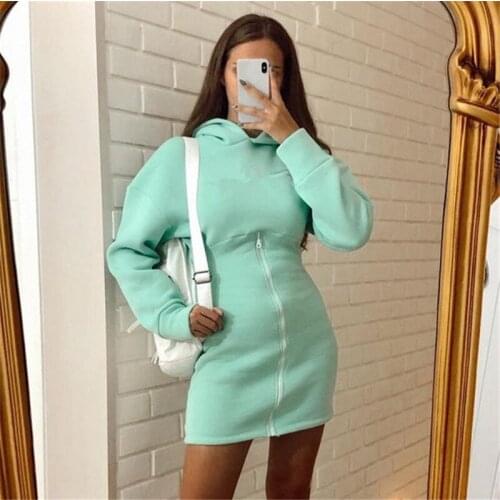 2021 Solid color Women Hooded Dress Women Slim Long Sleeve Zipper Sweater Sportswear Dress femme robe Dresses
