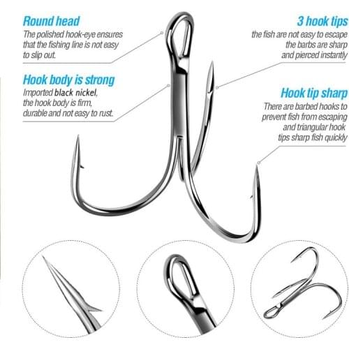 50pcs/ Set Fishhooks Treble Fishing Hooks Black Nicle Barbed Fishhooks Super Sharp Carp Triple Hooks Sea Tackle Accessories