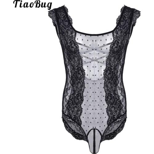 TiaoBug Black Mens One-Piece Crossdress Lingerie Floral Lace Polka Dot See Through Mesh Sissy Pouch Bodysuit Nightwear Sleepwear