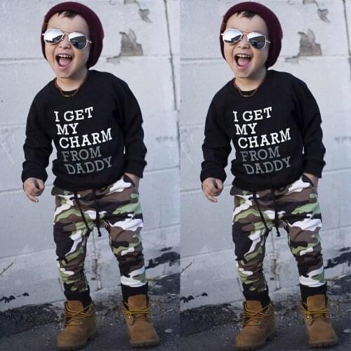 Toddler Kids Baby Boy Clothes Funny Letter T shirt + Camouflage Pants Set Baby Winter Outfit Tracksuit Boy Clothing 1 2 3 4 Year