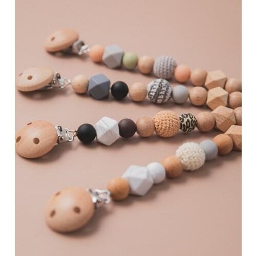 Baby Handmade Silicone Wooden Dummy Pacifier Chain Clip Nipples Clips Classic Teething Chain Teether Baby Birthday Gifts