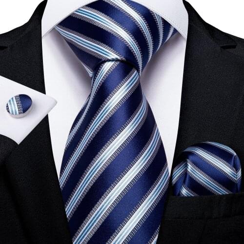 DiBanGu Men Necktie Blue White Striped Designer Silk Wedding Tie For Men Necktie Hanky Cufflink Tie Set Business Party MJ-7062