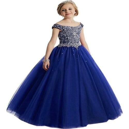 Princess Long Flower Girl Dresses New Off-the-shoulder Beads Crystals Sleeveless Tulle Ball Gown Kids Gowns Child Pageant Dress