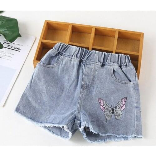 Pudcoco Girls Frayed Denim Shorts, Summer Children Butterfly Print Jeans With Pockets (Blue) New Style 2021
