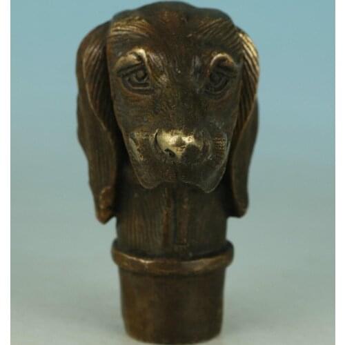 Chinese Old Bronze Hand Carved Dog Statue Walking Stick Head Collection