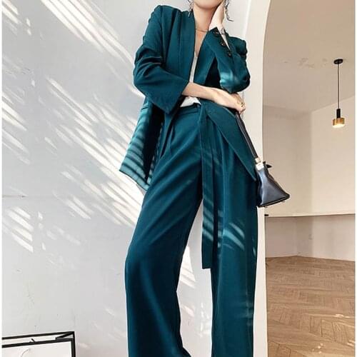 Spring Vintage Two Pieces Set Women British Style Lace Up Blazer + Fashion Casual Wide Leg Pants Female Trouser Suit Ropa Mujer