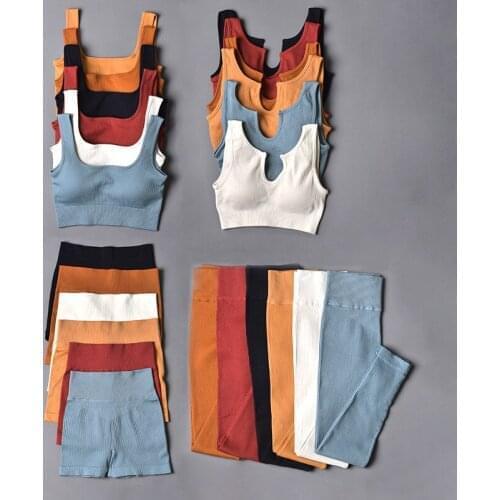 4PCS U Collar Seamless Sport Set Women Brown 4 Piece Crop top Bra Leggings Yoga Sportsuit Workout Outfit Fitness Gym Clothes