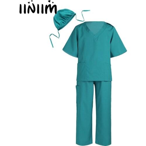 Unisex Kids Boys Girls Surgeon Doctor Costume Tops with Pants Cap Set for Halloween Cosplay Fancy Party Dress Up for Children
