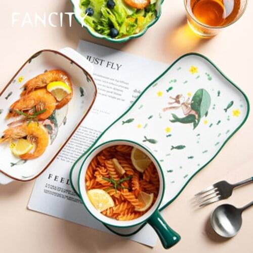 FANCITYNordic style creative ceramic tableware home breakfast bowl set rice bowl soup bowl noodle bowl baking net red baking