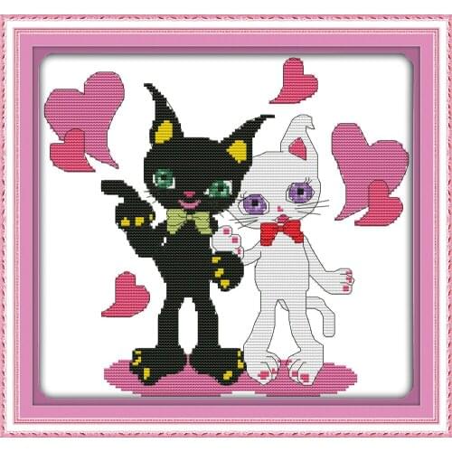 Heart-love black cat and white cat cross stitch kit 14ct 11ct count print canvas stitching embroidery DIY handmade needlework
