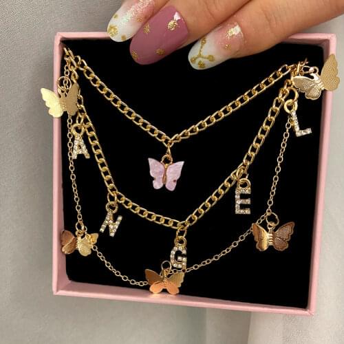 Flatfoosie Multilayer Butterfly Pendant Necklace For Women Gold Color Crystal ANGEL Letters Choker Necklace Boho Jewelry Gift