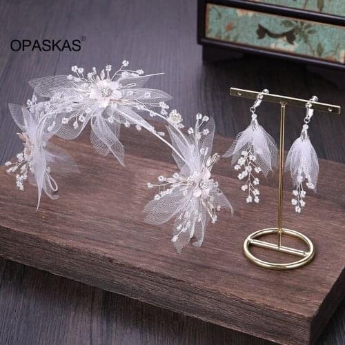 Queen Fairy Handmade Headband Earrings Set Silver Beaded Yarn Flower Feather Lace Hairband Sweet Wedding Dress Accessory PT