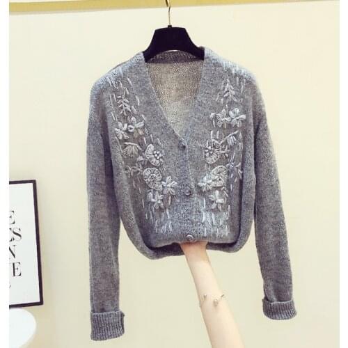Embroidery Flower V-neck Thin Sweater 2020 New Autumn Winter Loose Long-Sleeved Sweaters Girls Knitting Cardigan Coat for Women
