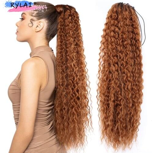 Afro Kinky Curly Ponytail Water Wave Drawstring Clip In Hair Extentions Black Brown Color Super Long Heat Resistant Anjo Plus