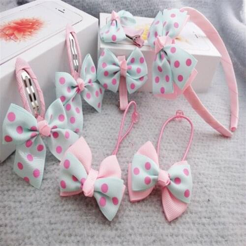 H:HYDE 7Pcs/Set Pink Red Bowknot Children Hair Clip Hair Hoop Hair Gum Combination Girl Hairpins Fashion Hair Accessories