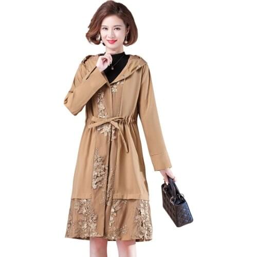 Spring Autumn Womens Windbreaker Lace Patchwork Jacket Hooded Temperament Trench Coat Outerwear Plus Size Female Outcoat