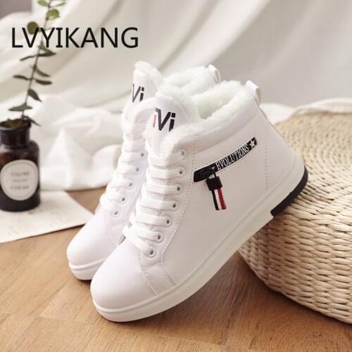 2019 Winter Boots Women Ankle Boots Warm PU Plush Winter Woman Shoes Sneakers Flats Lace Up Ladies Shoes Women Short Snow Boots