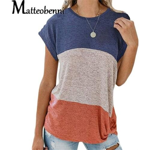 2021 Women Summer New Short Sleeve Color Block T Shirts With Pocket O-Neck Casual Loose Tunic Tops Patchwork Pullover Tees Tops