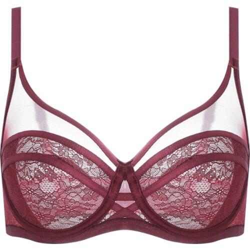 Womens Sheer Sexy Bra Underwire Cotton Daily Bras Lingerie 34 36 38 40 42 44 B C D E Bra Push Up Hot Lace Black Wine Red Bralett