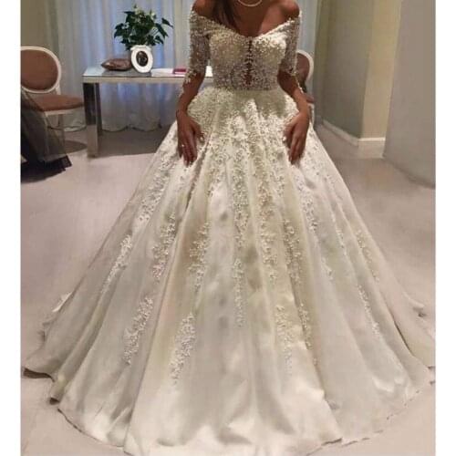 Vestido De Novia luxury satin wedding dress ball gown long sleeve v-neck sexy appliques bridal Wedding gown Robe De Mariage
