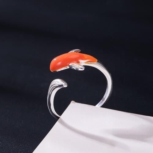 Thai Silve 925 Sterling Silver Orange Color Enamel Koi Fish Adjust Rings For Women Party Vintage Jewelry