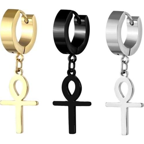 1Pair Eternal Cross Egypt Cleopatra Ankh Earrings for Men Antiqued Black Stainless Steel Stud Earrings Men Piercing Jewelry