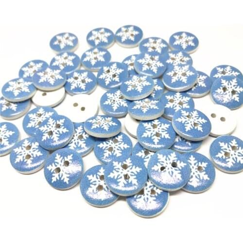 100pcs 15mm Blue Snowflakes Painted Round Wood Buttons Scrapbooking Decorative 2 Holes Christmas Button Crafts Sewing