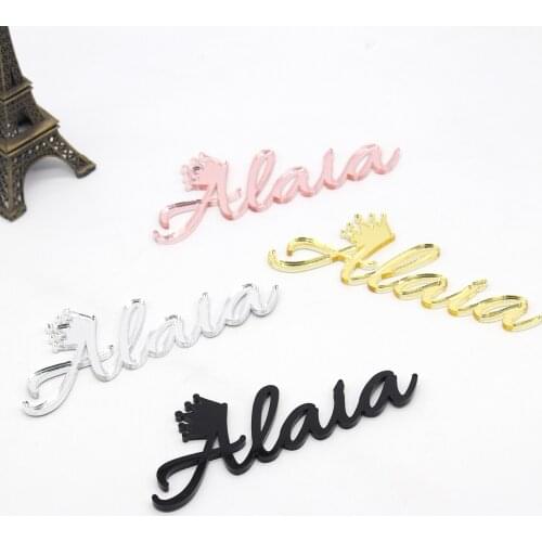 12x Personalized Gold and Silver Mirror Name with Crown Customizable Name Card Baby Shower Sign Birthday Table Calligraphy Set