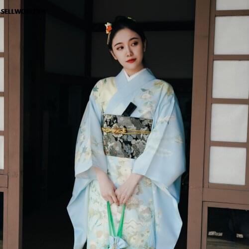2020 retro Japanese Kimono Style yukata Girl Autumn Green floral print dress Woman splice SELLWORLDER Long Dress with handbag