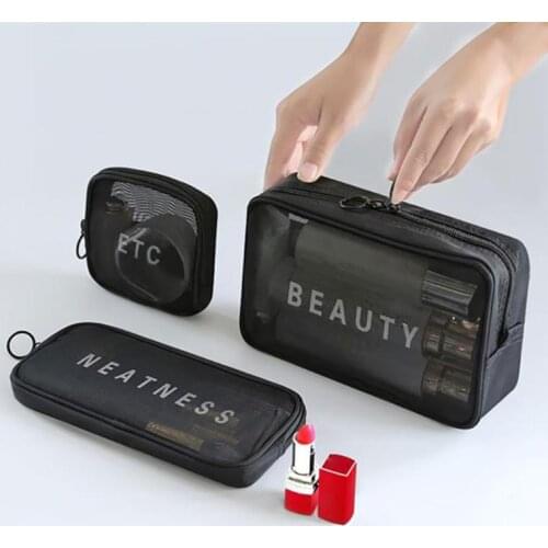 3 Size Portable Women Cosmetic Bag Casual Mesh Makeup Pouch Travel Mesh Toiletry Organizer Zipper Cosmetic Case