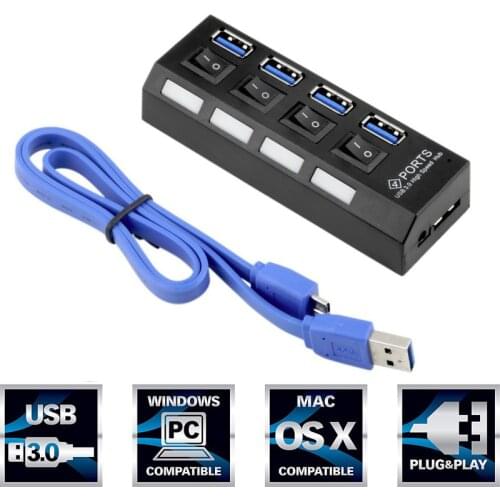 4 Port USB 3.0 Hub Splitter Adaptor For Macbook Pro Air Computer PC Laptop Accessories Cable With Individual LED Power Switches