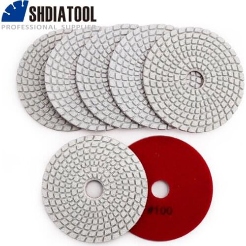 SHDIATOOL 7pcs 4" 100mm diamond wet flexible polishing pads B #100 White bond grinding disc for granite stone marble