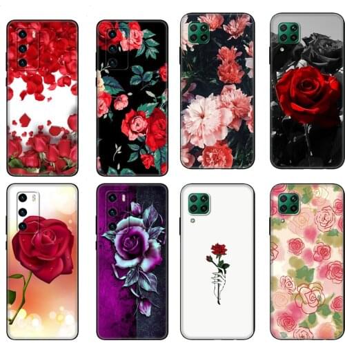 Black tpu Case For Huawei P30 Lite P30 Pro P40 Case For Huawei P40 LITE E P Smart 2020 Case Cover Valentines day roses flowers