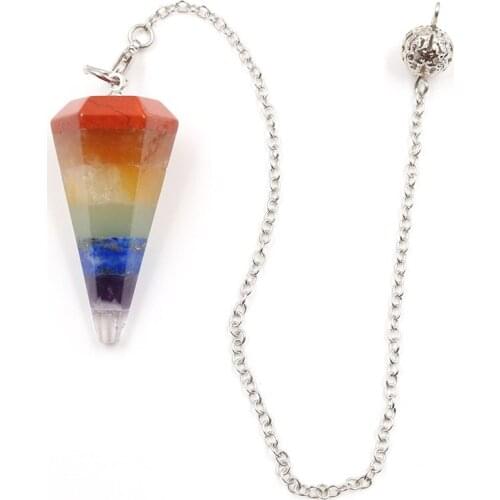 FYSL Silver Plated Hexagon Pyramid Layer Colorful Rainbow Stone Pendant Pendulum for Dowsing Jewelry