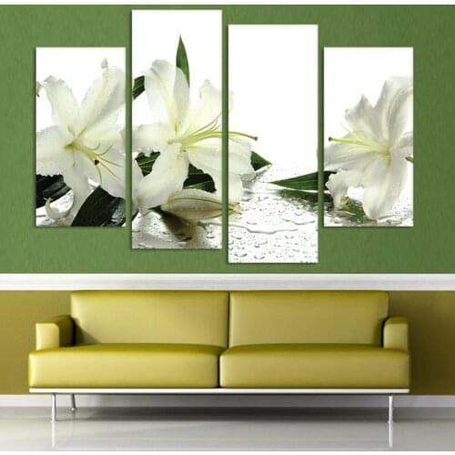 4 pieces Canvas and framed decor artwork modular picture White lilies Flowers photo oil painting print on the wall free shipping