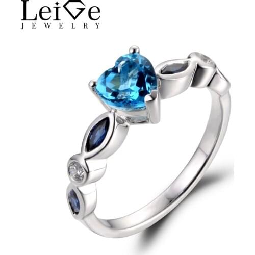 Leige Jewelry Swiss Blue Topaz Ring 925 Sterling Silver for Women Heart Cut Gem Romantic Wedding Anniversary Rings with Stones