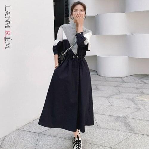 LANMREM 2021 Autumn Korean Style Long-sleeved Mid-length Fashion Design Contrast Color Drawstring Stitching Dresses Female 2W144