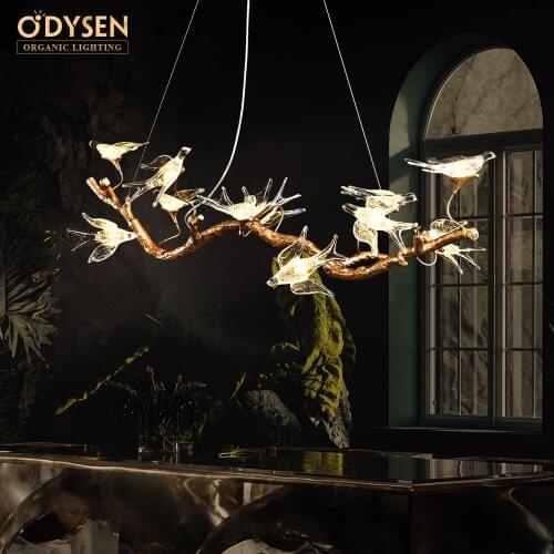 ODYSEN ART DECO Copper Chandelier Creative Handmade Glass Bird Living Room Decoration Lighting Fixture Tree Branches Island
