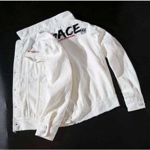 Korean Style Trendy White Loose Hip-hop Denim Jacket Personalized Hand-painted Print Handsome Denim Jacket Coat Autumn/Winte