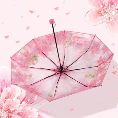 Fashion Thicken Three Fold Transparent Cherry Blossom Princess Umbrella Clear Outdoor Windproof Women Rain Umbrellas Dropship