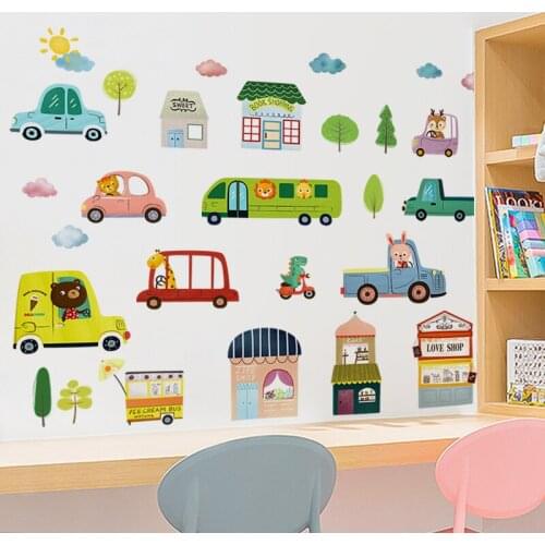 Cartoon Car Wall Stickers Kids Room Bedroom Nursery Home Decor Wall Decal Baby House Mural Poster Vinyl Wallpaper 2021 New