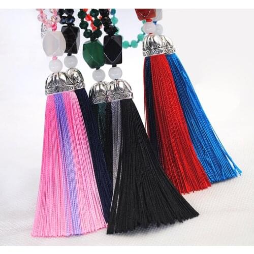 Natural Stone Mala Necklace Green Silk Tassel Crystal Bead Tibetan Silver Long Beaded Tassel Necklaces Women Gifts