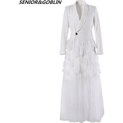 Newest 2020 Fashion Women Patchwork Black Mesh Party Dress Spring Runway Sexy V Neck High Quality White Plus Size Long Dress