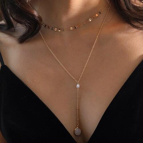 Stone Simulation Pearl Tassel Pendant Necklace Fashion Jewelry Choker Necklaces For Girls Metal Chain Elegant Vintage Ethnic