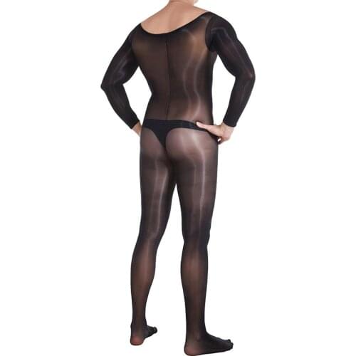 Sexy 8D Men Super Shiny Glossy Silky Bodystocking Open Crotch Body Stockings with Cock Sheath Sissy Fetish Sheer Nylon Jumpsuit