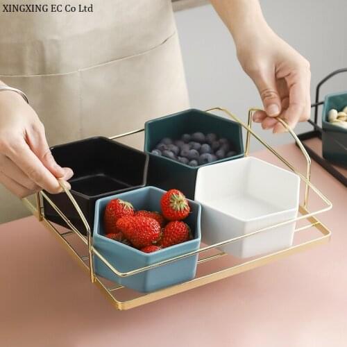 Modern Living Room Fruit Plate Dessert Bowl Creative Metal Rack Ceramic Hexagonal Snack Plate Household Wooden Lid Split Platter