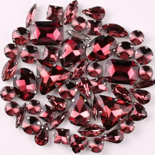 Silver claw setting 50pcs/bag shapes mix Wine red glass crystal sew on rhinestone wedding dress shoes bag diy trim
